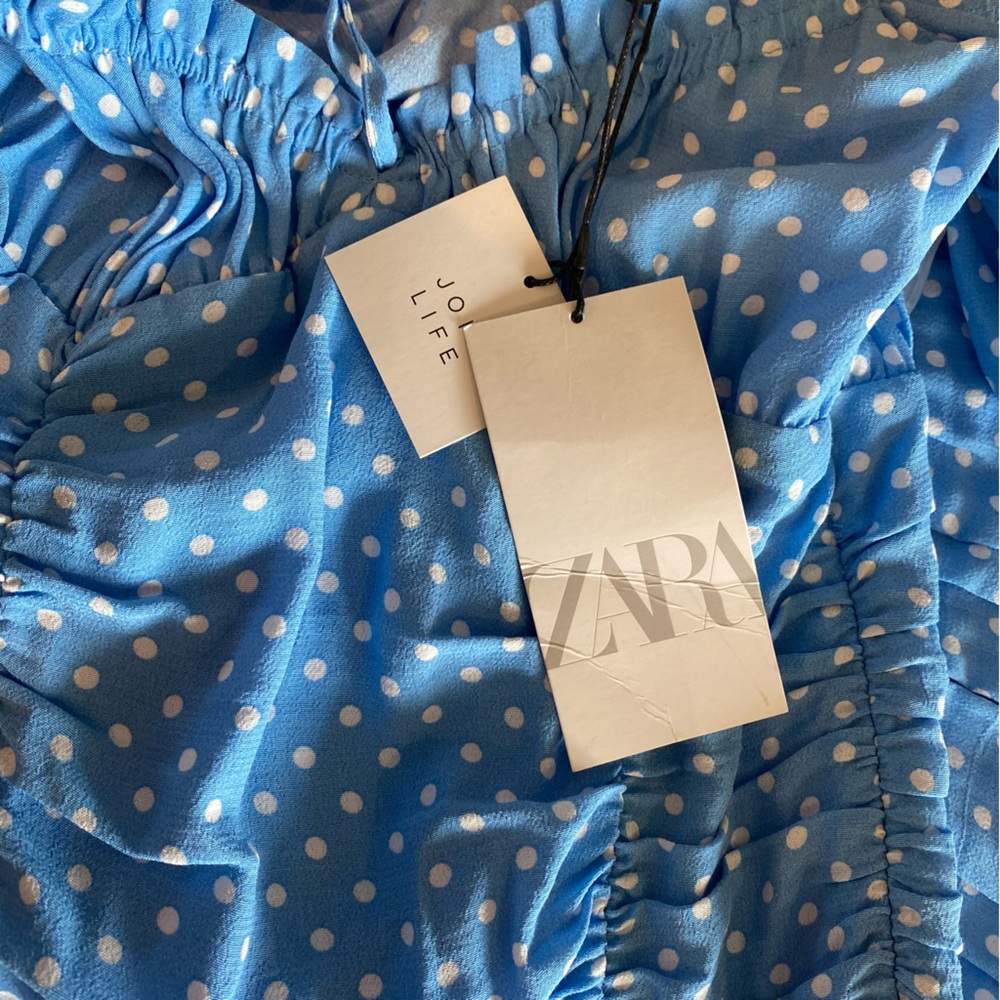 NEW! ZARA Mini Dress SS20 Draped Lined Polka Dot Sky Blue White Size Small - Picture 11 of 16